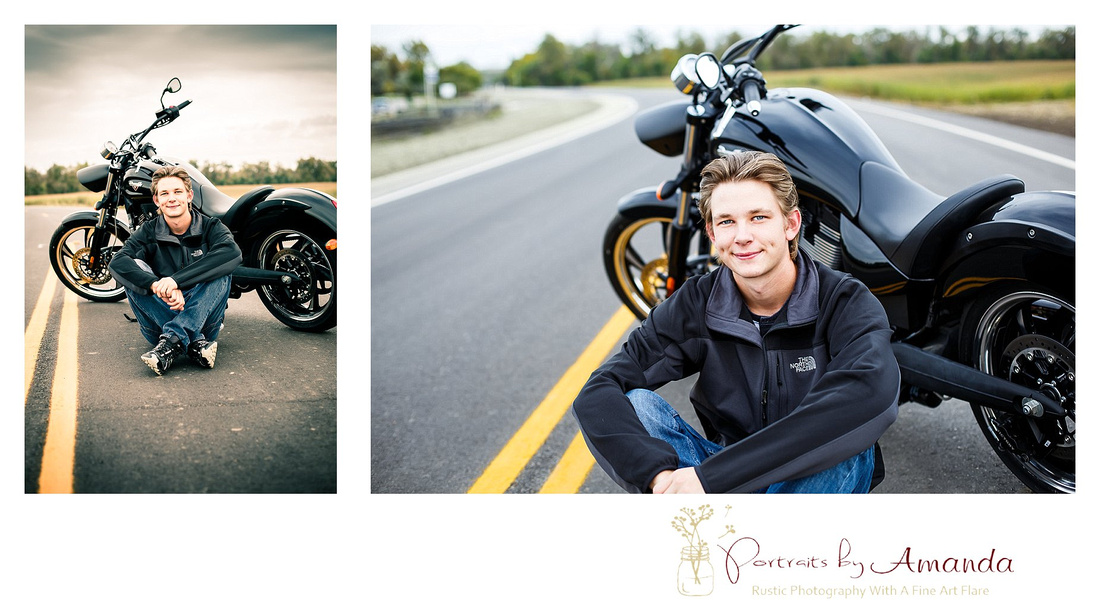 Senior boy outdoor sitting on highway with motorcycle Bismarck nd photo 